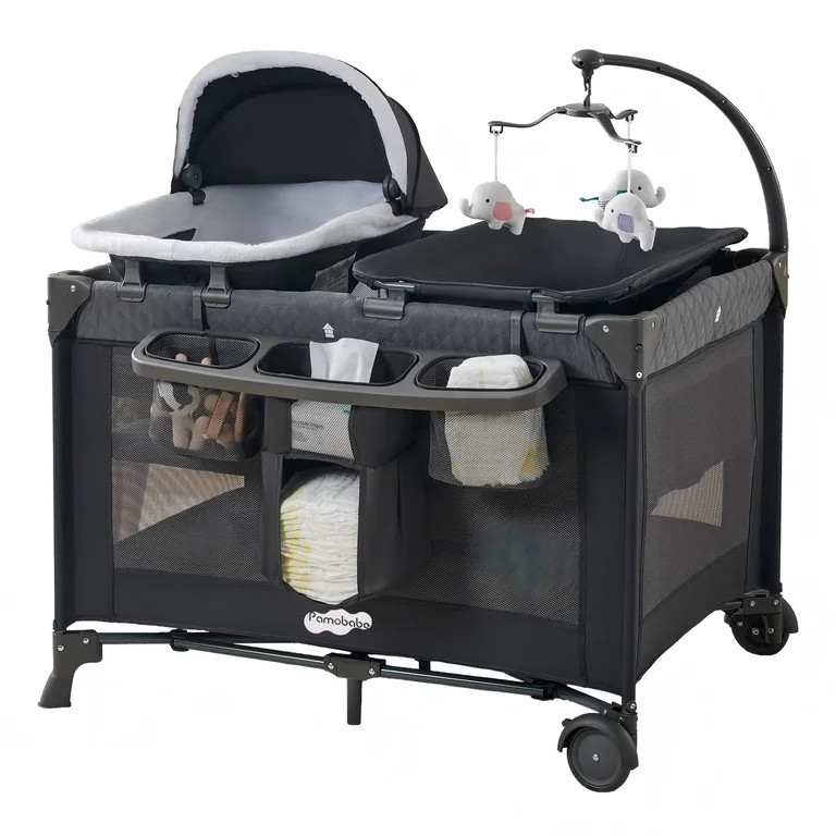 Pamo Babe 4-in-1 Baby Playard with Bassinet & Changing Table for Newborn,Grey | Walmart (US)