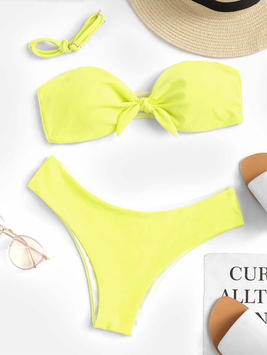 Knot Front Bandeau With High Leg Bikini Set | SHEIN