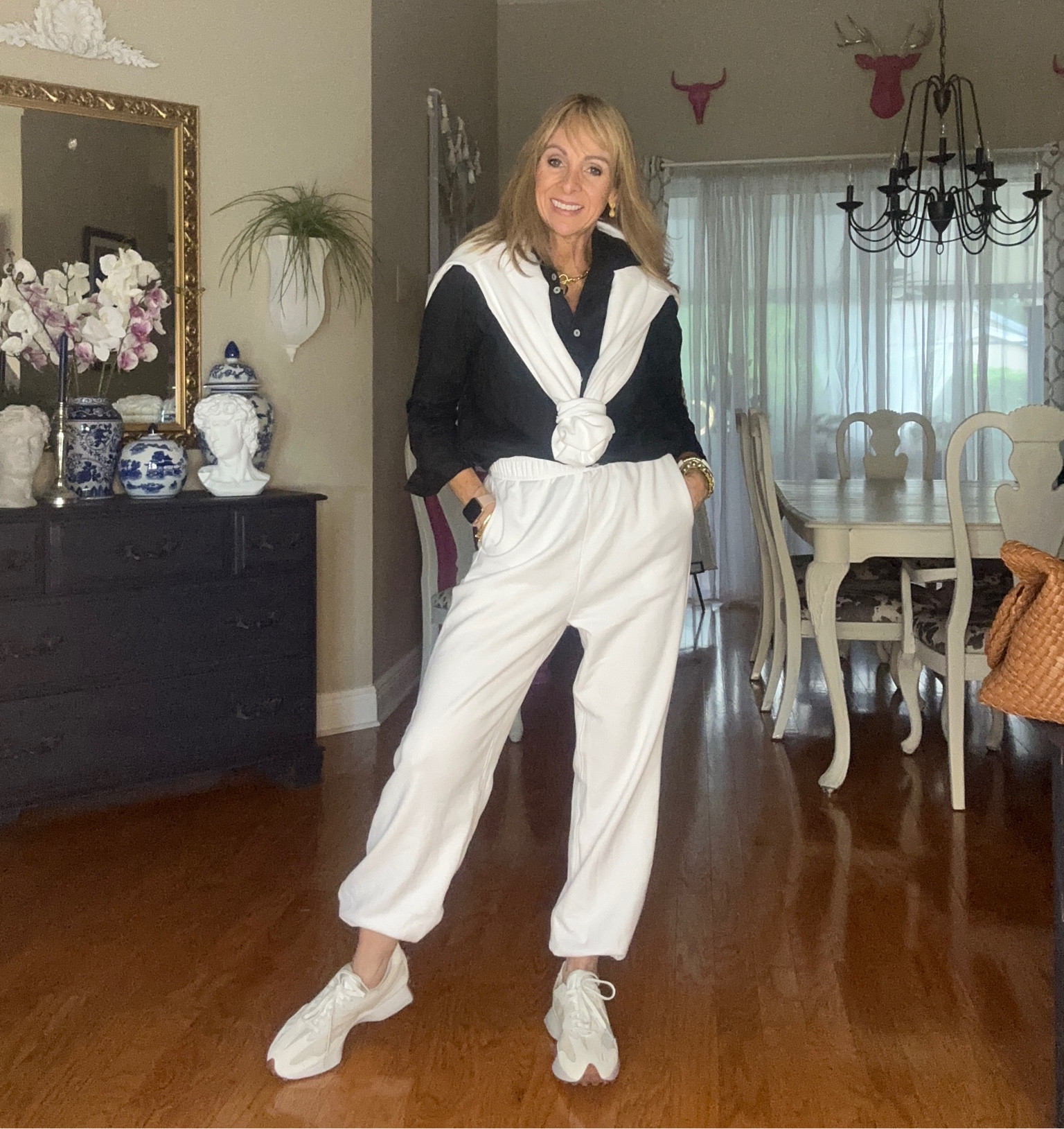 Fun way to style sweat pants and a sweatshirt. 
Wearing a small in each piece .

#LTKOver40 #LTKFindsUnder50 #LTKStyleTip