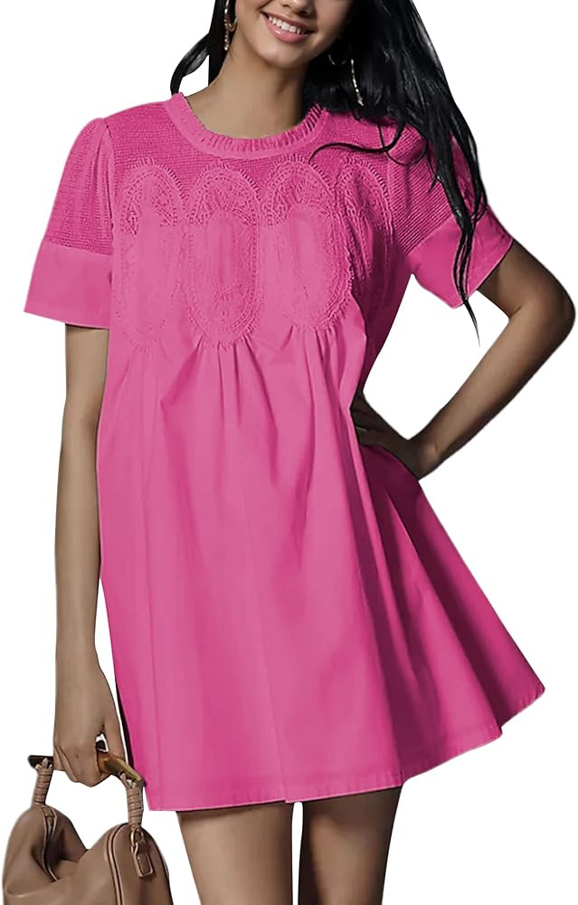 Womens Summer Lace Mini Babydoll Dress Ruffled Collar Short Sleeve Loose Mesh Swing Elegant Flare... | Amazon (US)