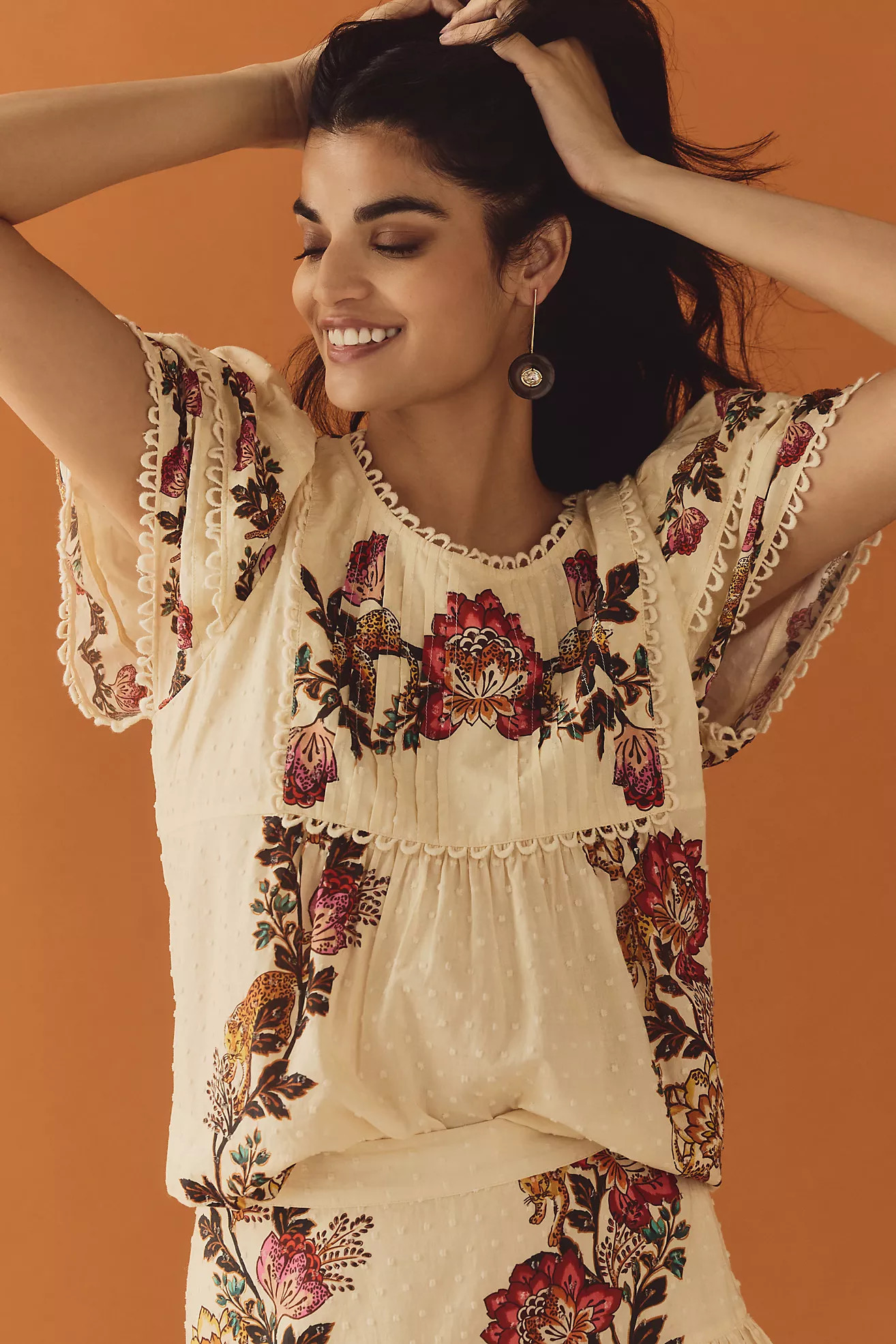 Farm Rio Sand Leopard Flowers Short-Sleeve Blouse | Anthropologie (US)