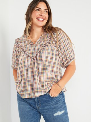 Oversized Short-Sleeve Ruffled Dobby Gingham Blouse for Women | Old Navy (US)