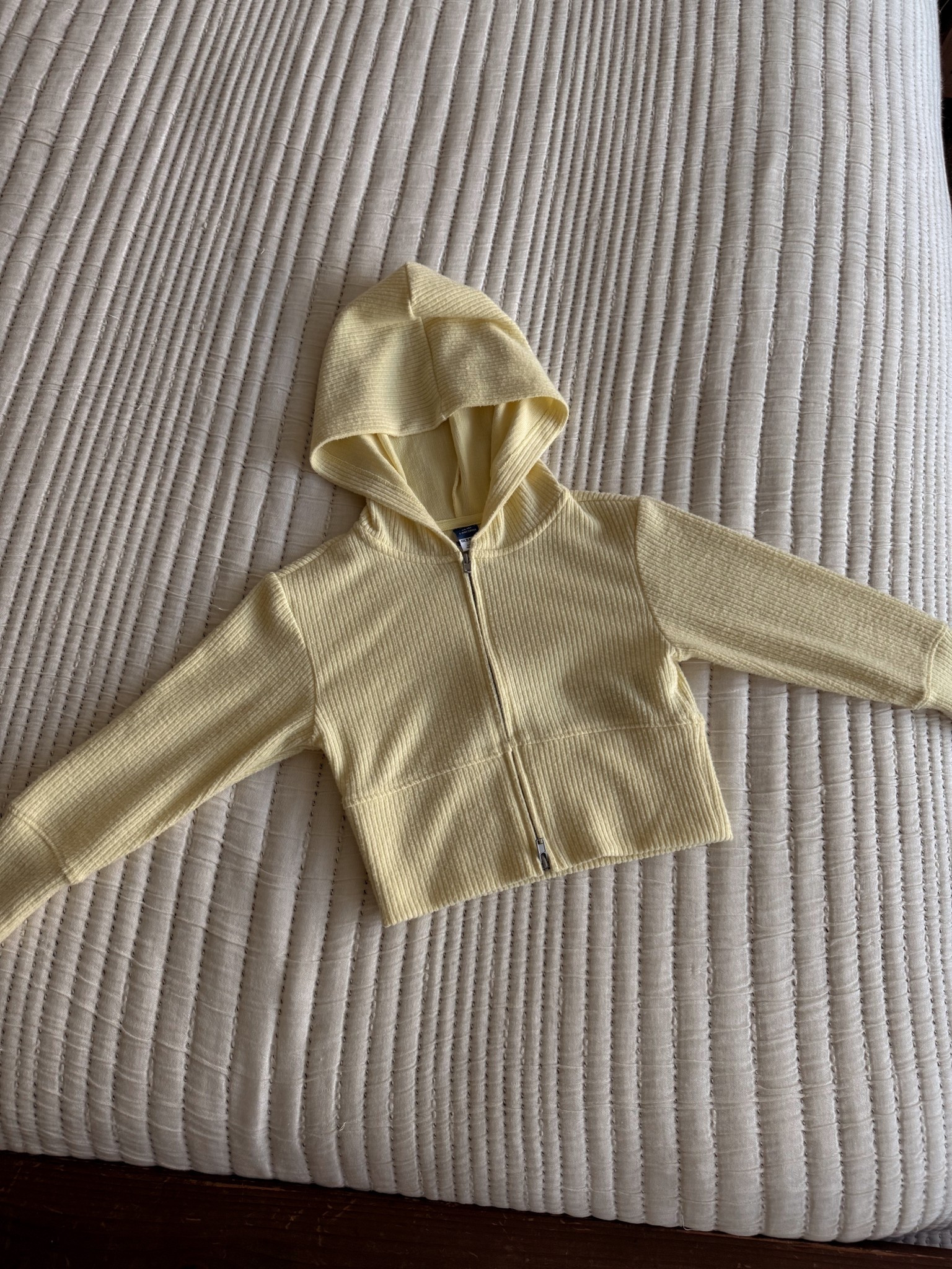 The cutest pale yellow hoodie for a toddler girl! 💛 Harper is normally a 3/4T but I got her a girls XS in this and it fits perfect! 