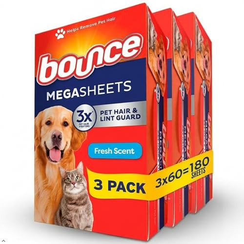 Bounce Pet Hair and Lint Guard Mega Dryer Sheets with 3X Pet Hair Fighters, Fresh Scent, 180 Coun... | Amazon (US)