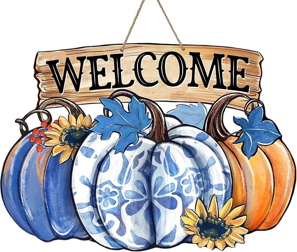 Welcome Fall Chinoiserie Pumpkin Front Door Sign, Autumn Thanksgiving Blue and White Porcelain Wo... | Amazon (US)