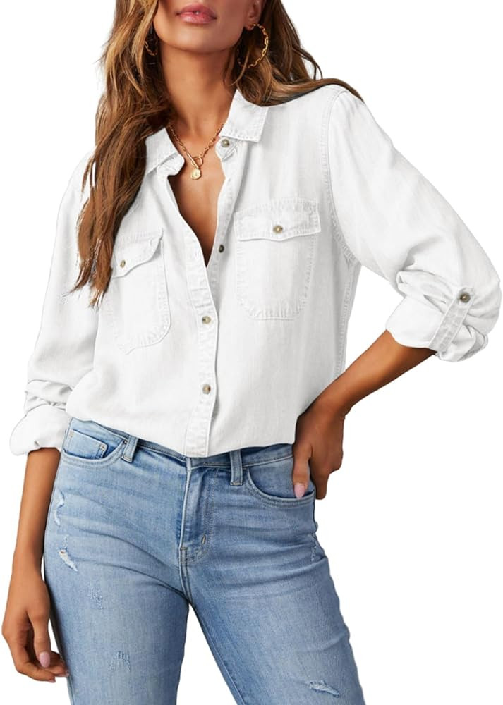 Astylish Women Button Down Denim Shirts Casual Long Sleeve V Neck Chambray Blouse Top | Amazon (US)