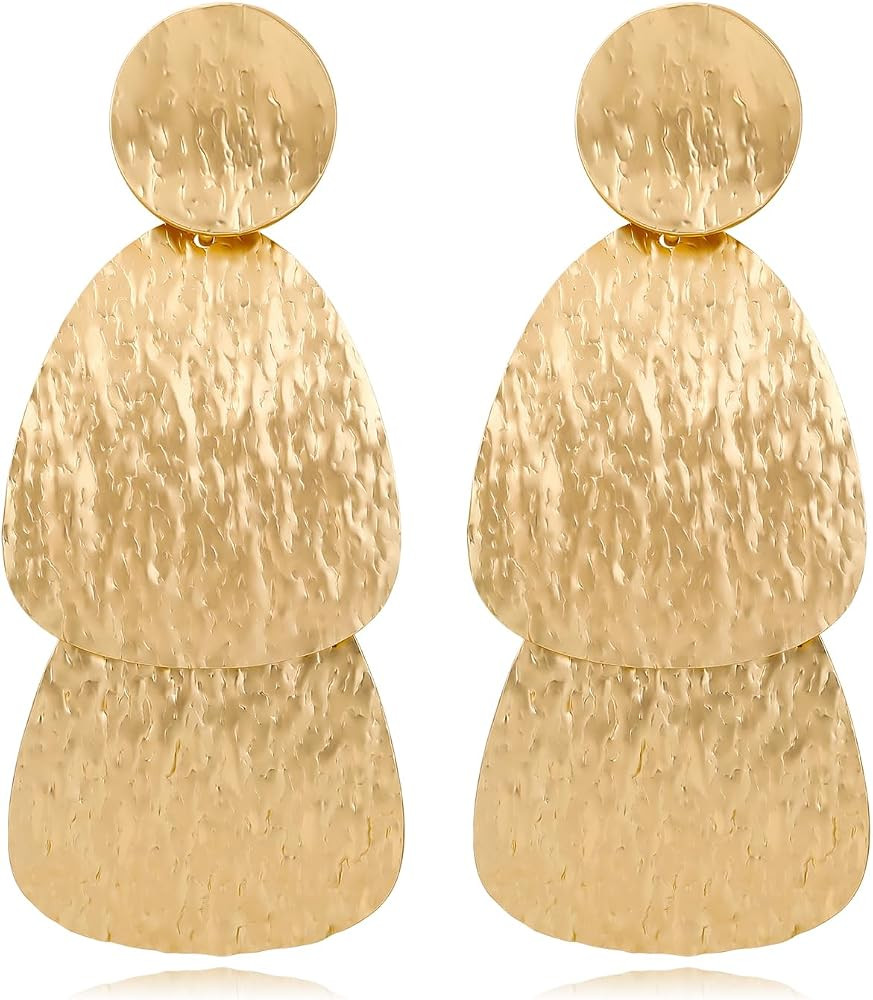 Gold Earrings for Women 14k Gold Plated Lightweight Dangle Earrings Hammered Disc Drop Geometric ... | Amazon (US)