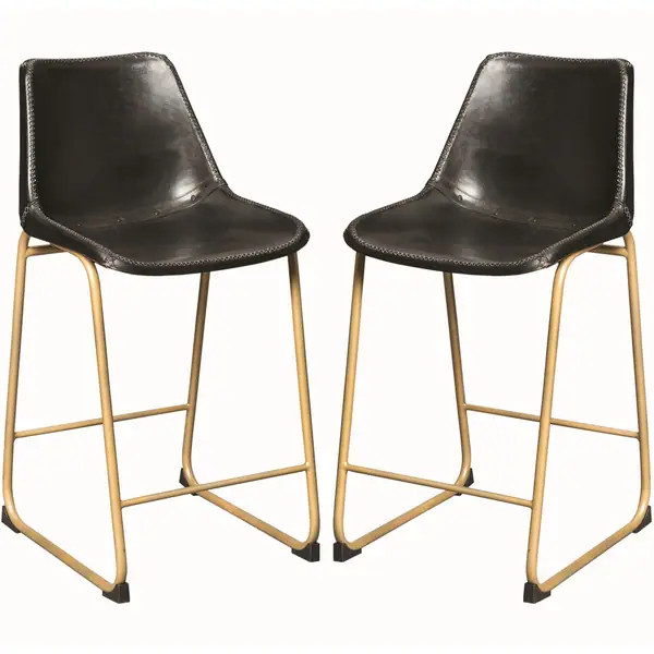 Antique Brass Black Leather Upholstered Counter Height Dining Stools (Set of 2) | Bed Bath & Beyond