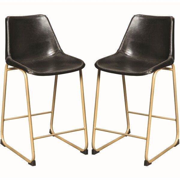 Antique Brass Black Leather Upholstered Counter Height Dining Stools (Set of 2) | Bed Bath & Beyond