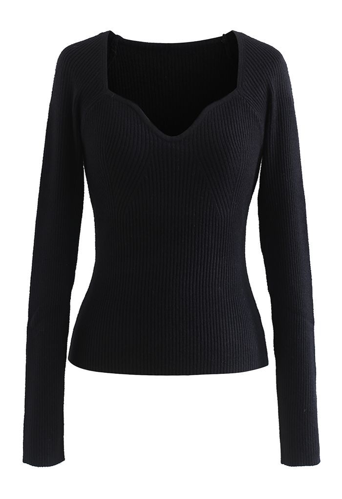 Square Neck Long Sleeves Fitted Knit Top in Black | Chicwish