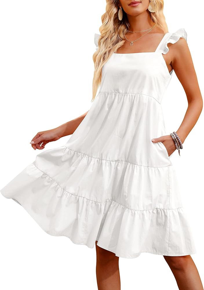 ANRABESS Womens Summer Babydoll Tiered Mini Dress Square Neck Strap Ruffle Sleeve Pleated Swing Tuni | Amazon (US)