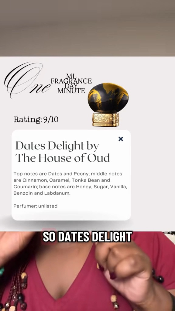 Final thoughts: It’s great figuring out which notes and fragrances bring me so much joy and work so well with my skin chemistry. This was one of them. This is one of the few fragrances that I think is Oud friendly and blind buy safe. 

If you wanna get samples of these fragrances I talk about check out @ScentSplit which helps me get my nose on so many different fragrances. This helps train my nose to smell and determine common notes I love. 

You need to know that you like those kind of scents honey, mapley, oudy smells. I hope this helps and happy shopping! #fragrance #fragrancereview #datesdelight #thehouseofoud #oud #1mlseries