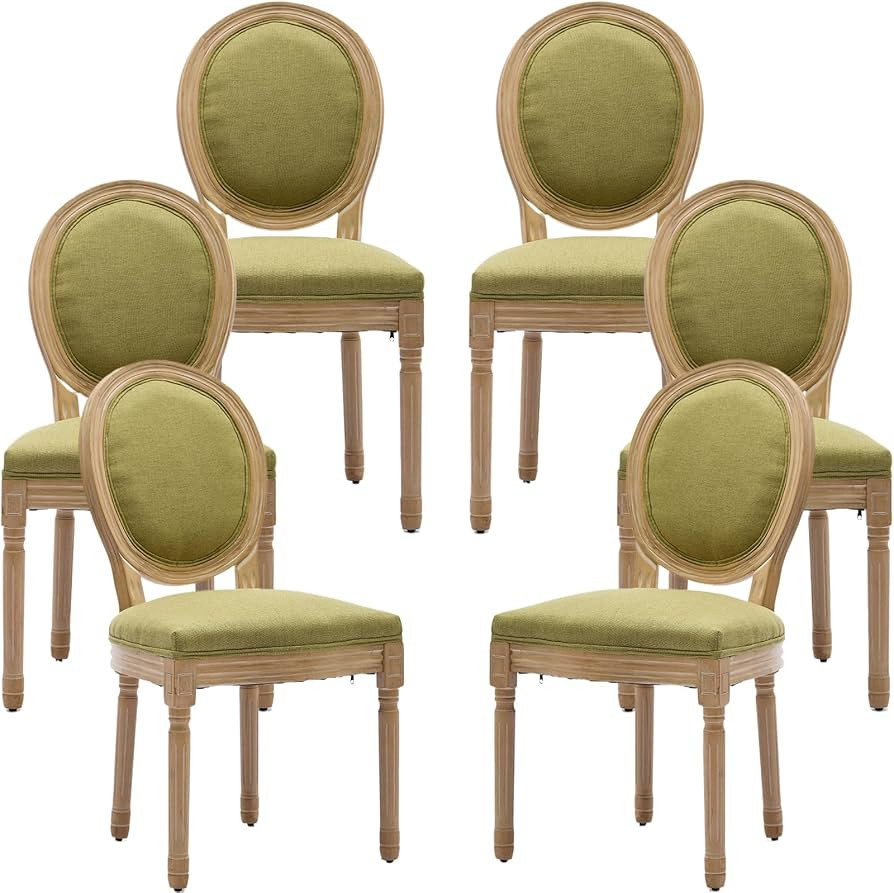 French Country Dining Chairs Set of 6, Olive Round Back Dining Chairs with Linen Upholstered Seat... | Amazon (US)