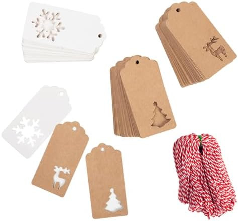 SallyFashion 150 PCS Christmas Tags, Kraft Paper Gift Tags Hang Labels with 20M Red and White Str... | Amazon (US)