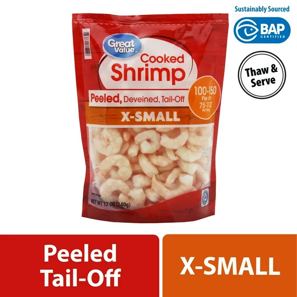 Great Value Frozen Cooked Extra Small Peeled & Deveined, Tail-off Shrimp, 12 oz (100-150 Count pe... | Walmart (US)