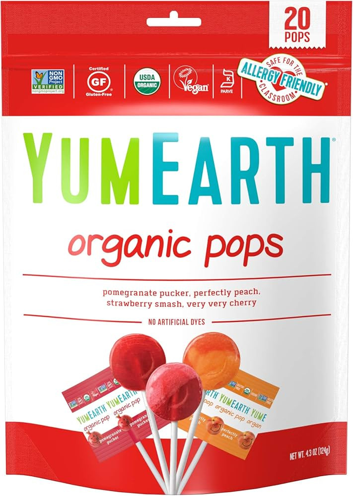 YumEarth Organic Lollipops, Assorted Flavors, 4.3 Ounce, 20 Lollipops - Allergy Friendly, Non GMO... | Amazon (US)