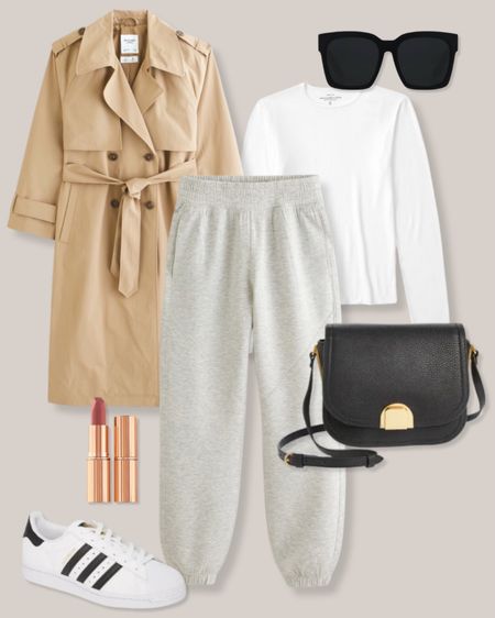 Neutral athleisure outfit
Neutral outfit
Neutral casual outfit
Casual winter outfit
Abercrombie outfit
Trench coat
White long sleeve shirt
White shirt
Black oversized sunglasses
Black crossbody bag
Adidas Superstar sneakers
Black and white sneakers
Neutral lipstick
Gray sweatpants
Gray joggers
Loungewear 

#LTKfitness #LTKstyletip #LTKSeasonal