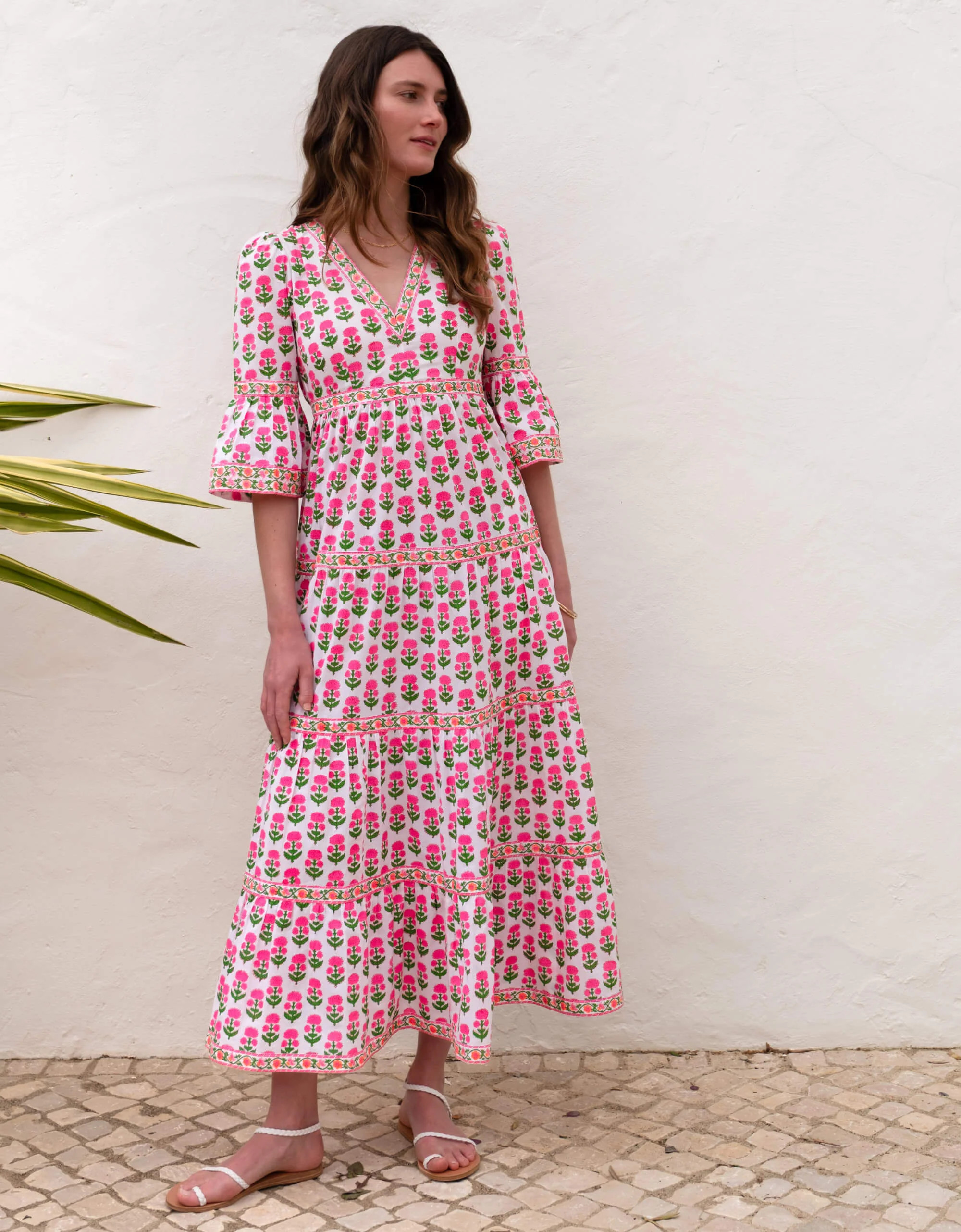 Cecilia Dress | White & Neon Pink Floral Maxi | Block Print Cotton | Pink City Prints UK