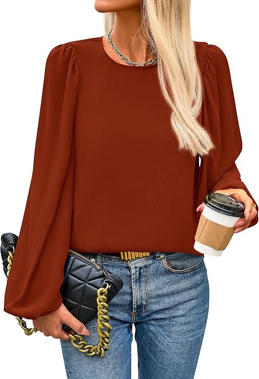 PRETTYGARDEN Tops Chiffon Work Blouses Flowy Shirts Puff Long Sleeve Crewneck | Amazon (US)