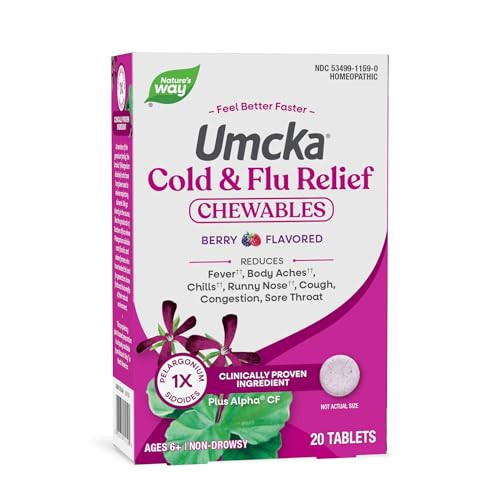 Nature’s Way Umcka Cold and Flu Relief Chewables, Non-Drowsy Multi-Symptom Relief, Homeopathic Cold Medicine & Remedy, Shortens & Reduces Severity of Colds, Berry-Flavored Cold & Flu Tablets, 20 Count | Amazon (US)