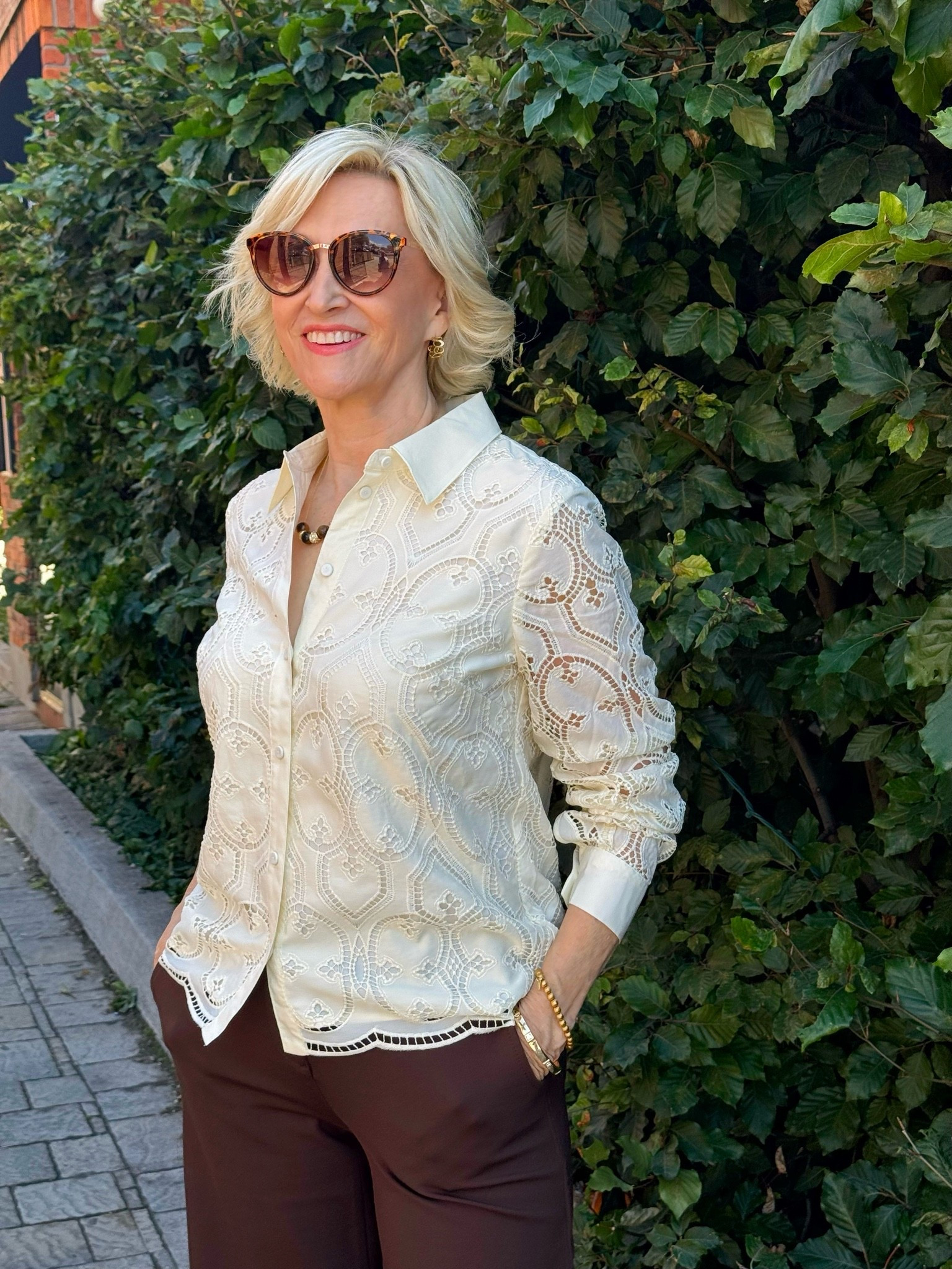 #talbotspartner
When jeans are too casual and you don’t feel like wearing a dress, this dainty eyelet lace top and chocolate brown pants from @talbotsofficial are your style solution.

The pants are soft, comfy and wrinkle free. The eyelet lace shirt is romantic and dressy, but not over the top.

I’m wearing size 4 in the pants and a size small shirt. Top it off with a pretty brown and gold beaded necklace to tie both pieces together,

Don’t miss out! Buy one, Get one 50% OFF this entire outfit now! at Talbots Fall Collection!
#talbots #talbotspartner #ad

#LTKOver40 #LTKSeasonal #LTKSaleAlert