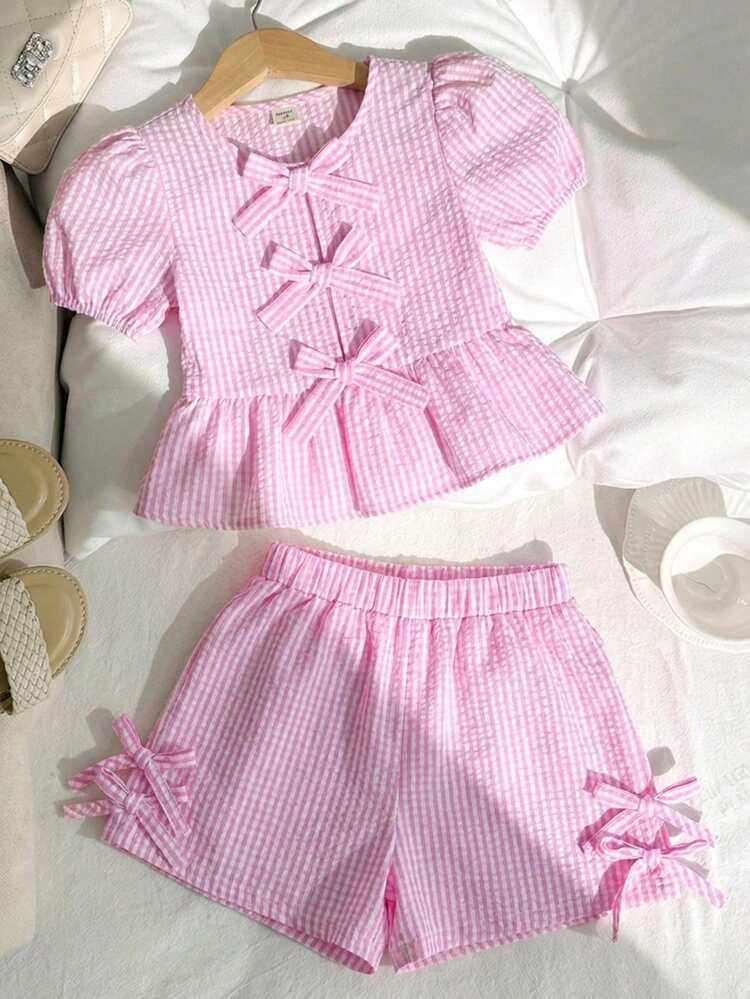 Young Girl Casual Comfortable Round Neck Puff Sleeve Ruffle Bow Decor Shirt & Shorts Set,Kids | SHEIN