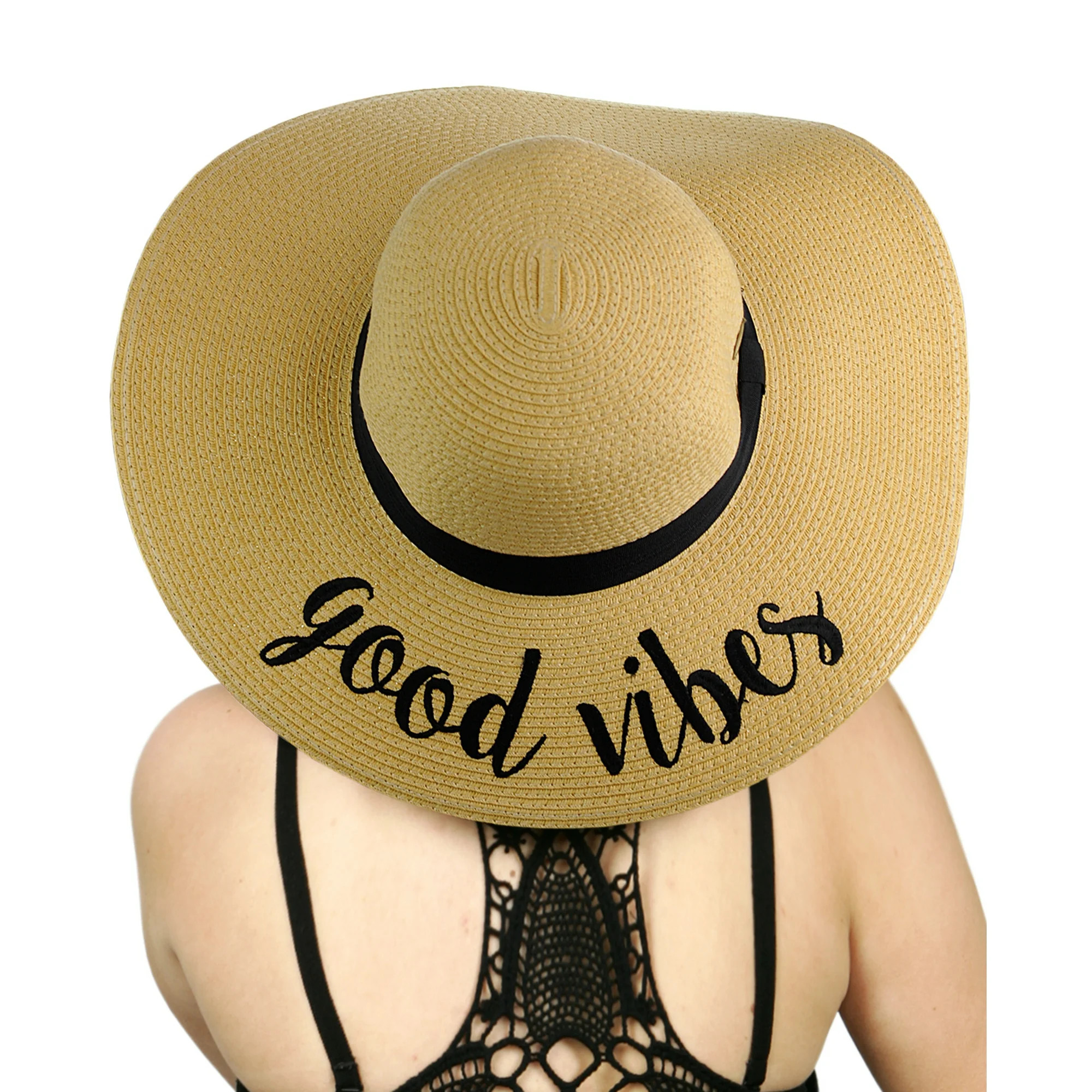 C.C Women's Paper Weaved Crushable Beach Embroidered Quote Floppy Brim Sun Hat, Good Vibes | Walmart (US)