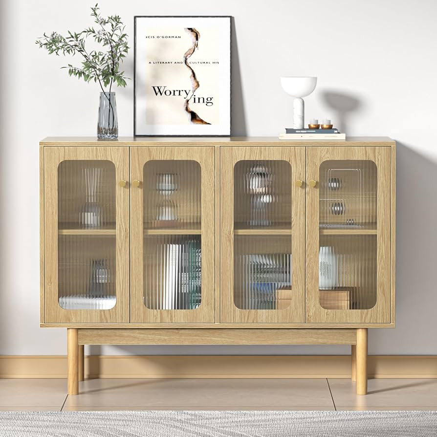 Anmytek 4 Door Buffet Cabinet with Storage, Modern Wood Sideboard Cabinet with Glass Door and Adj... | Amazon (US)