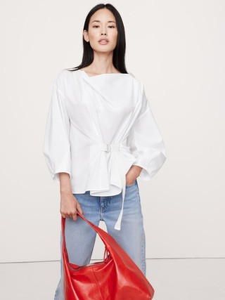 Reversible Cotton Poplin Cowl-Neck Tie-Waist Top | Banana Republic (US)