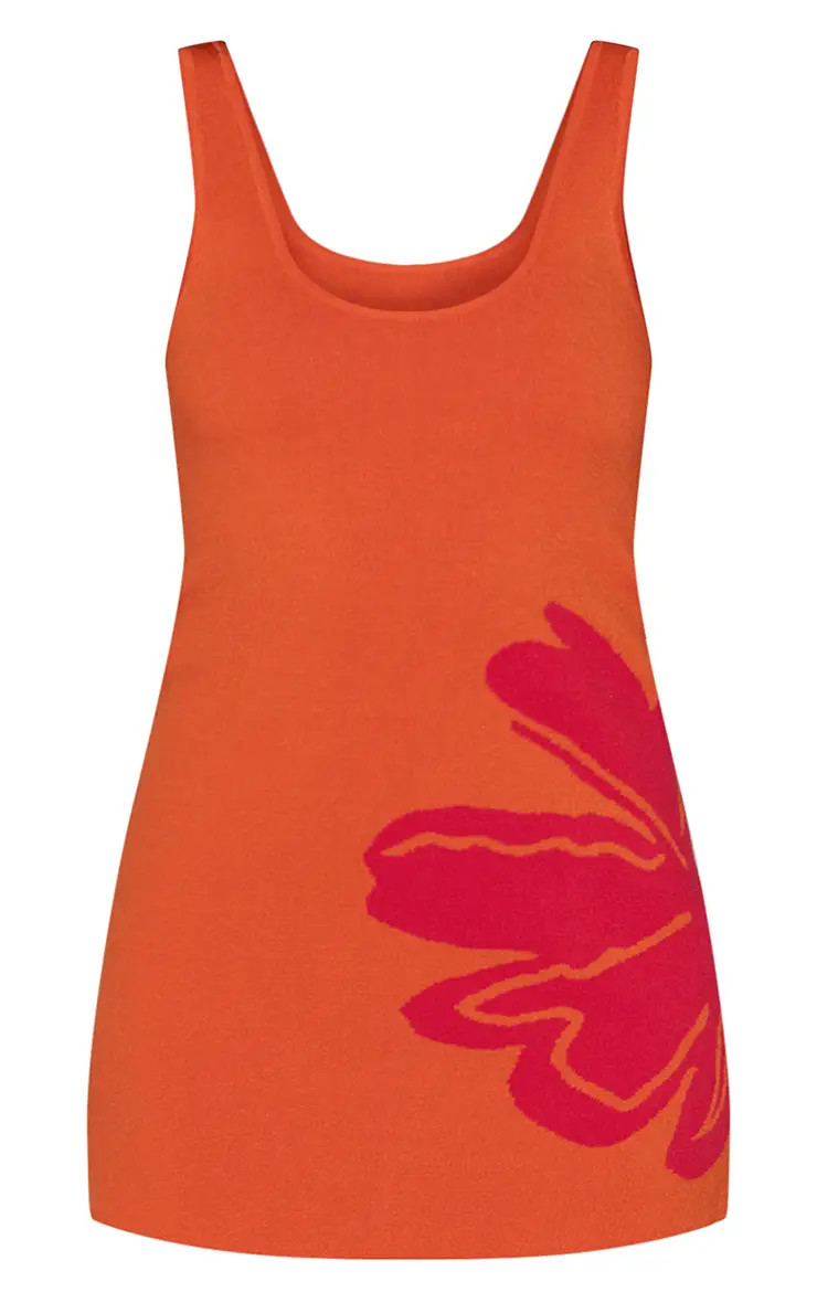 Orange Contrast Flower Print Compact Knit Bodycon Dress | PrettyLittleThing UK