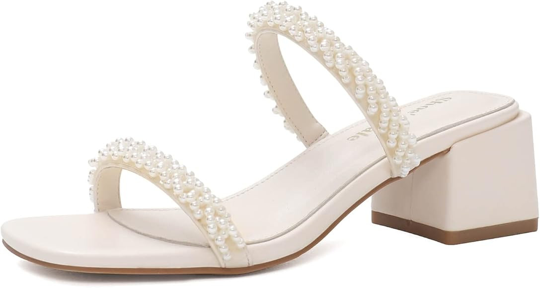 Shoe'N Tale Pearl Heels for Women Block Low Heel Heeled Sandals Square Toe Slip On Slide Mules | Amazon (US)
