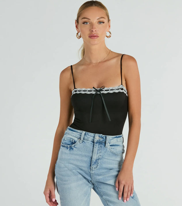 Darling Sass Sleeveless Lace Trim Bow Bodysuit | Windsor Stores