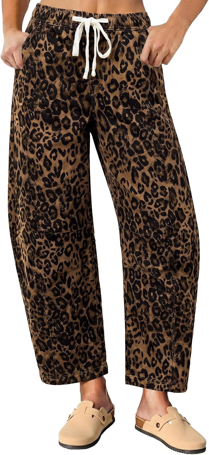 Vetinee Barrel Jeans Women Trendy Wide Leg Leopard Cheetah Pants High Waisted Pull On Drawstring Stretchy Denim Pants | Amazon (US)