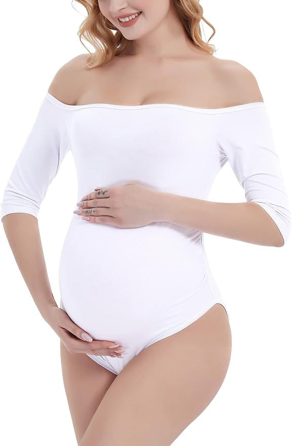 Bhome Maternity Bodysuit for Photoshoot Off Shoulder 3/4 Sleeve Maternity Shirt White S at Amazon... | Amazon (US)