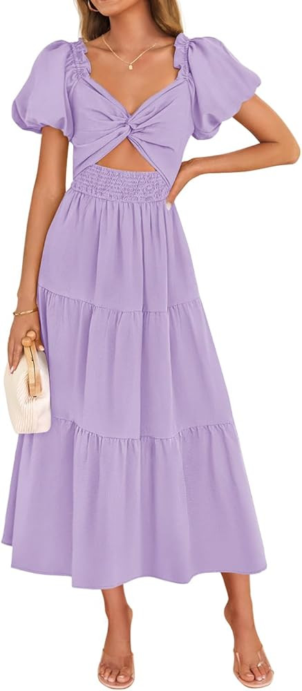 ZESICA Womens Summer Casual Flowy Vacation Maxi Dress 2026 Short Puff Sleeve A Line Smocked Cutou... | Amazon (US)