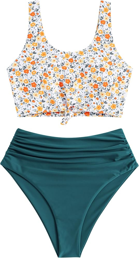 ZAFUL Women's High Waisted Tankini Scoop Neck Knotted Two Pieces Tankini Set Swimsuit | Amazon (US)