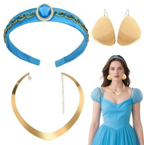 Arabian Princess Costume Accessories for Women - Blue Headband, Gold Chunky Choker Necklace & Earrings - Dress Up Halloween Cosplay Birthday Party Supplies | Amazon (US)