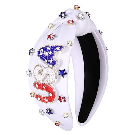 boderier 4th of July Headband Beaded USA Headband Jeweled Crystal Embellished Knotted Headband US... | Amazon (US)