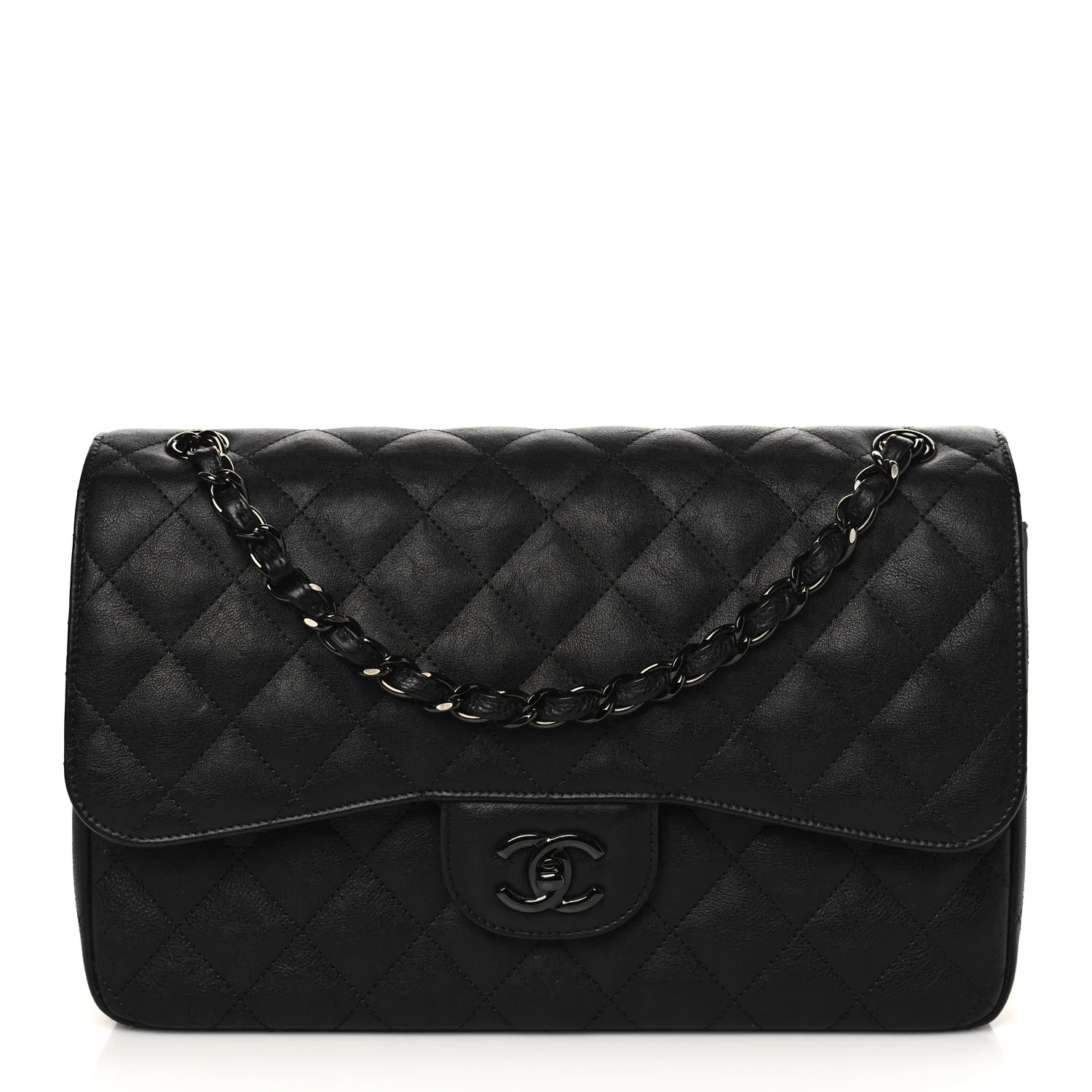 CHANEL Crumpled Calfskin Quilted Jumbo Double Flap So Black | FASHIONPHILE (US)