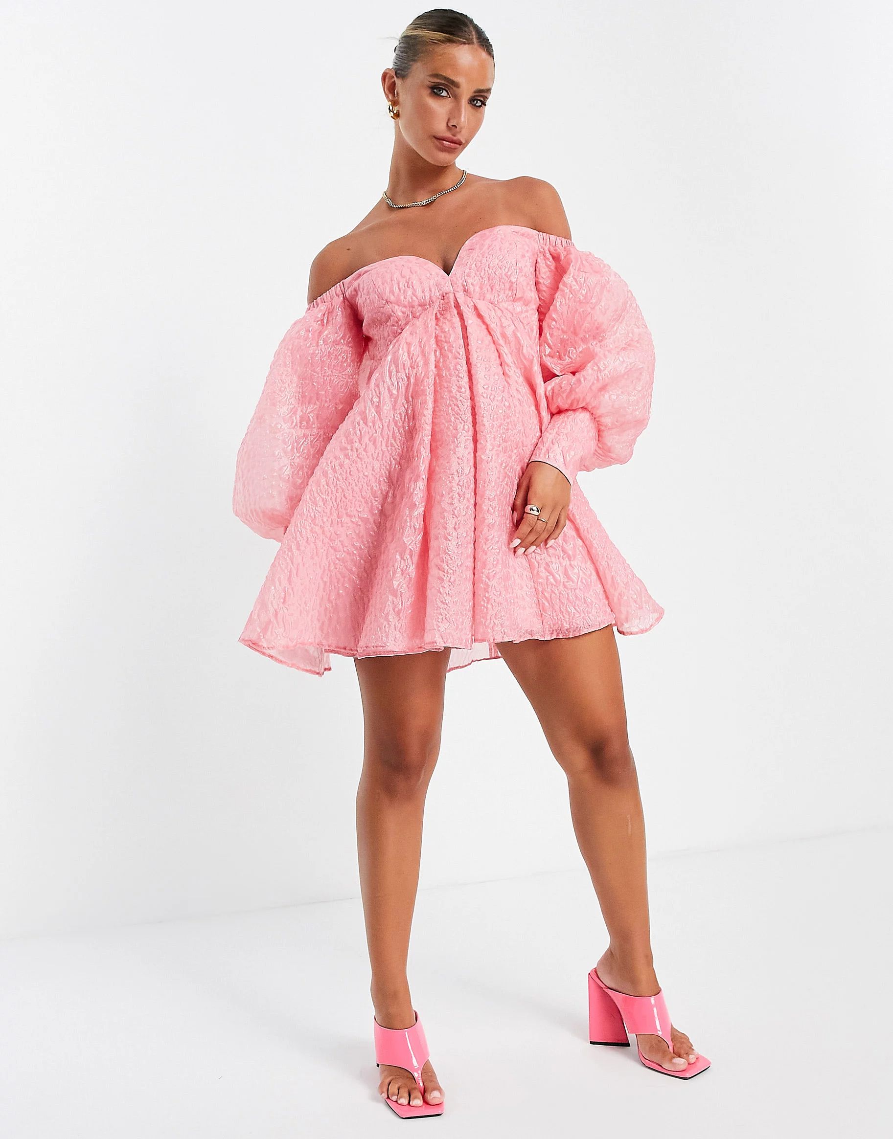 ASOS EDITION off shoulder mini dress in bubble organza in pink | ASOS (Global)