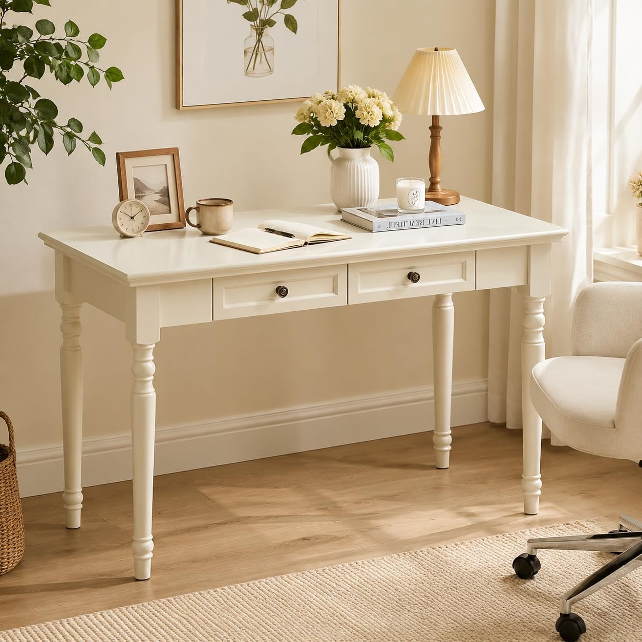 47 Inch Solid Wood Computer Writing Desk with Drawers, White | Amazon (US)