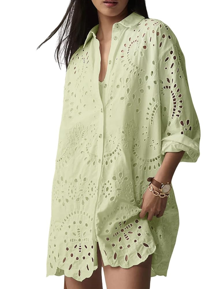 CHARTOU Women Eyelet Lace Dress Button Down Shirt Loose Fit Summer Casual Mini Dress | Amazon (US)