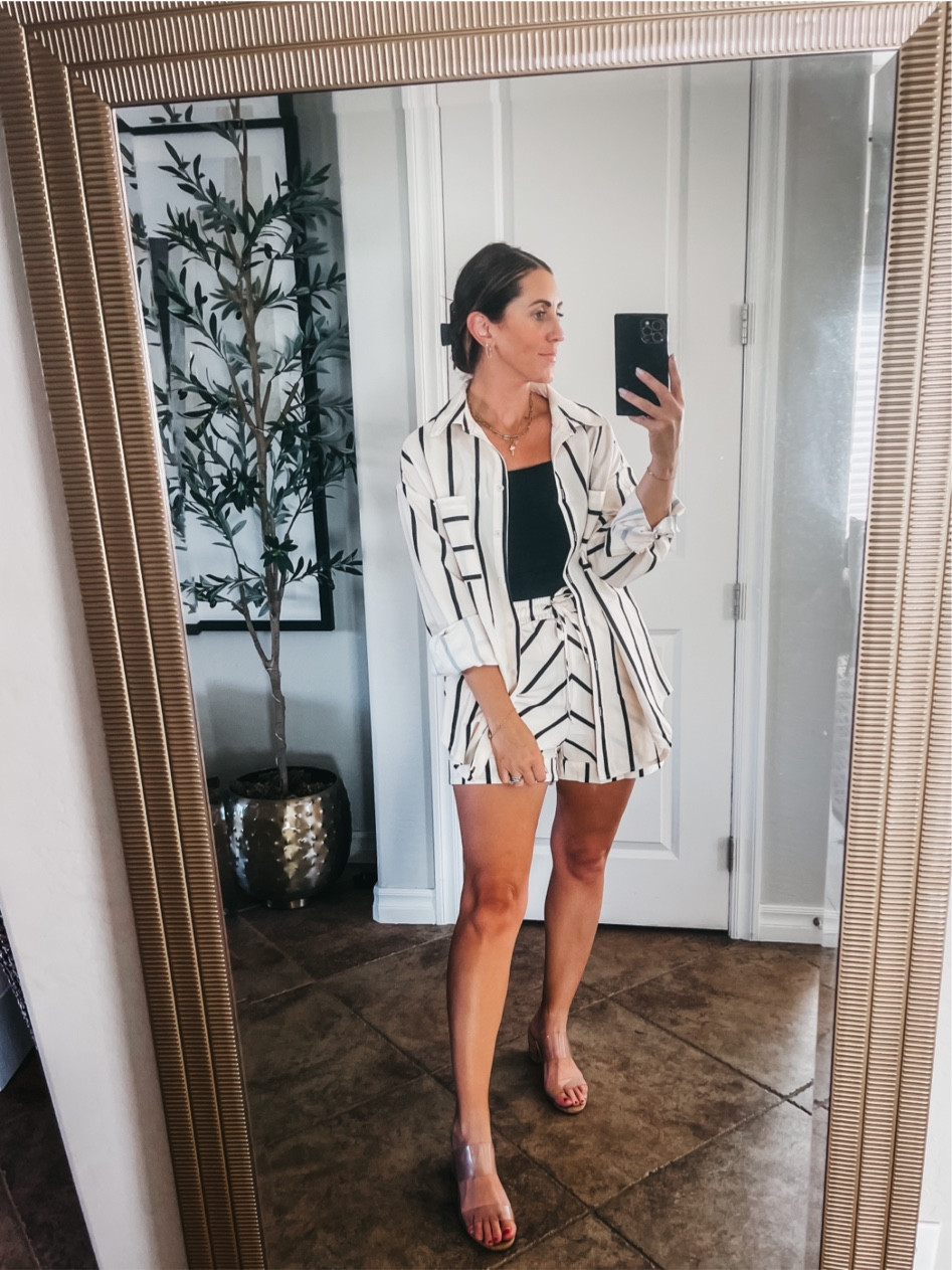 Striped set with button down top & shorts - size small 🖤
Black tank - size small 
Clear block heels with cork heel 

Amazon fashion, Amazon summer outfit idea, Amazon vacation outfit idea, matching set, Amazon haul 

#LTKSaleAlert #LTKStyleTip #LTKFindsUnder50
