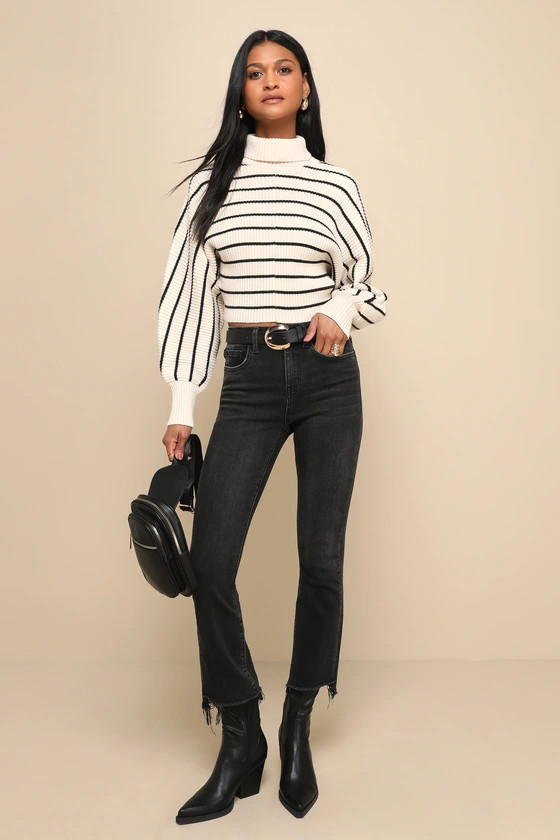 Bella Black Cropped Raw Hem High-Rise Flare Jeans | Lulus