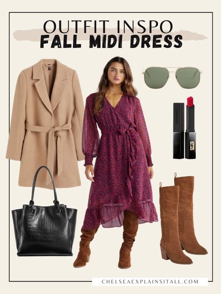 Outfit idea for my girls! Pair this gorgeous fall midi dress from Walmart (!!) with a pair of suede knee high boots, a beige wrap jacket, oversized black tote bag, and sunglasses from Amazon. Complete the look with a pop of color from my fave ysl red lipstick. Perfect outfit to go from the office to happy hour or a date night. 

Workwear, midi dress, fall dress, wrap dress, long sleeve dress, Walmart style, amazon style, fall outfit, boots 

#LTKworkwear #LTKfindsunder50 #LTKshoecrush