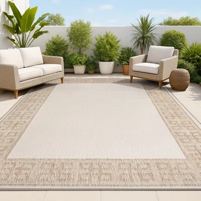 Kyona Classic Geometric Border Cream/Beige Indoor/Outdoor Rug | Wayfair North America