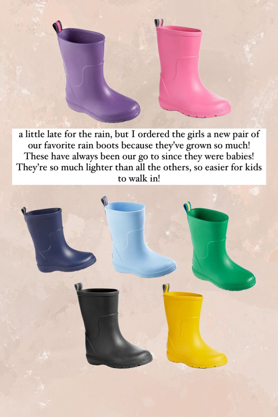 Toddler rain boots
Kid rain boots 
Under $30 and come in tons of colors! There are our favorite because they are so much lighter than other rain boots!! Perfect for babies 

#LTKbaby #LTKfamily #LTKkids