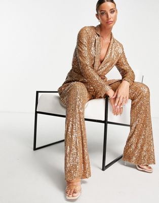 ASOS DESIGN jersey sequin suit kick flare trouser in rose gold | ASOS (Global)