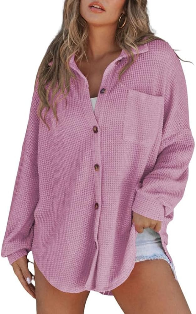 SHEWIN Women's Waffle Knit Button Down Shirts Casual Long Sleeve Shacket Jacket Boyfriend Tops Bl... | Amazon (US)