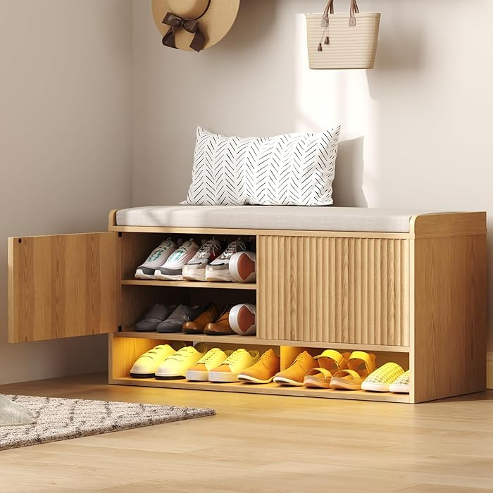 HOMEFORT 39.4" Fluted Shoe Storage Bench, Entryway Bench with Linen Seat Cushion, Shoe Cabinet Be... | Amazon (US)